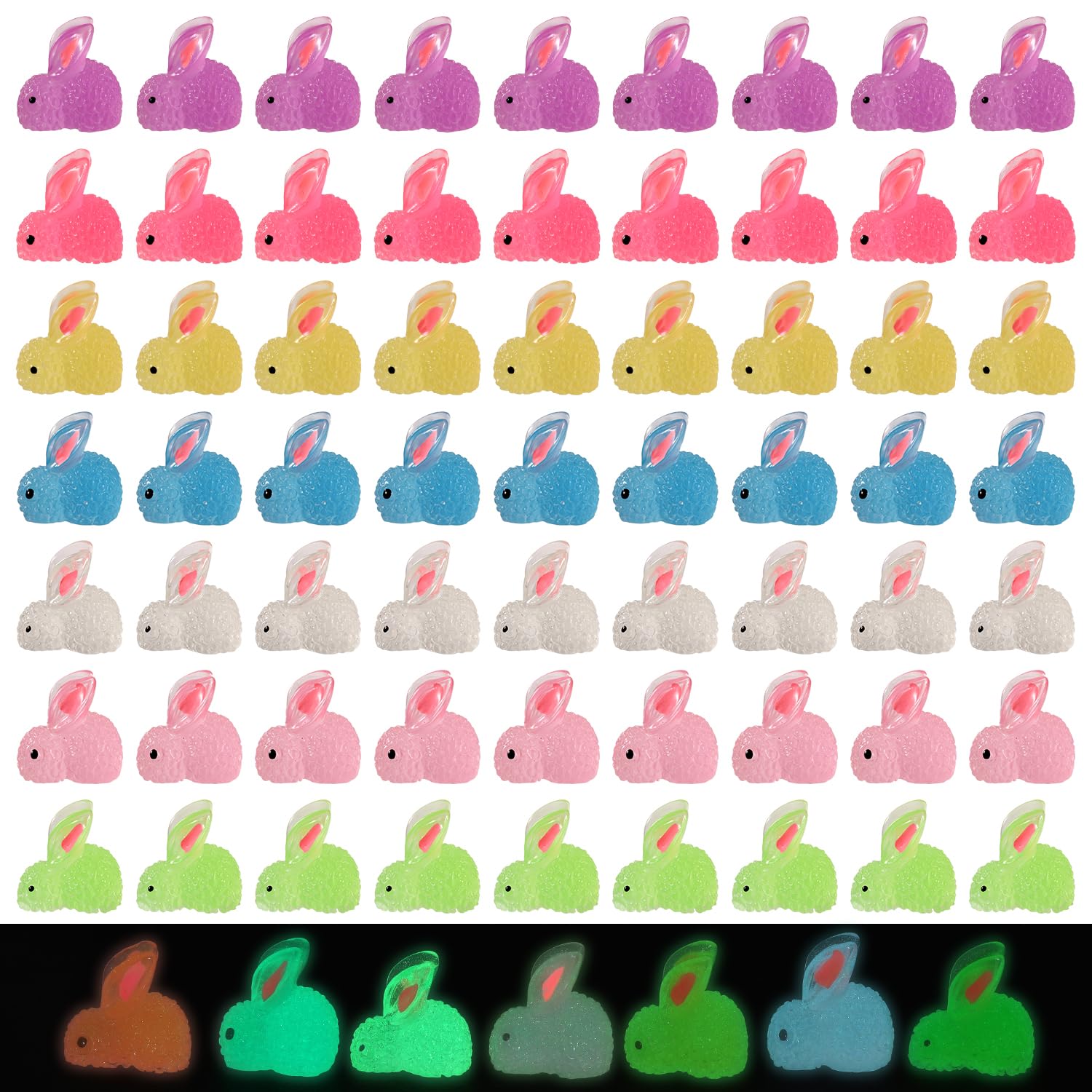 70pcs Easter Luminous Mini Resin Bunny Figures, 7 Colors Miniature Resin Bunny Animals Figurines Glow in The Dark Tiny Rabbit Ornament Mixed Small Resin Rabbit for Happy Easter Decor