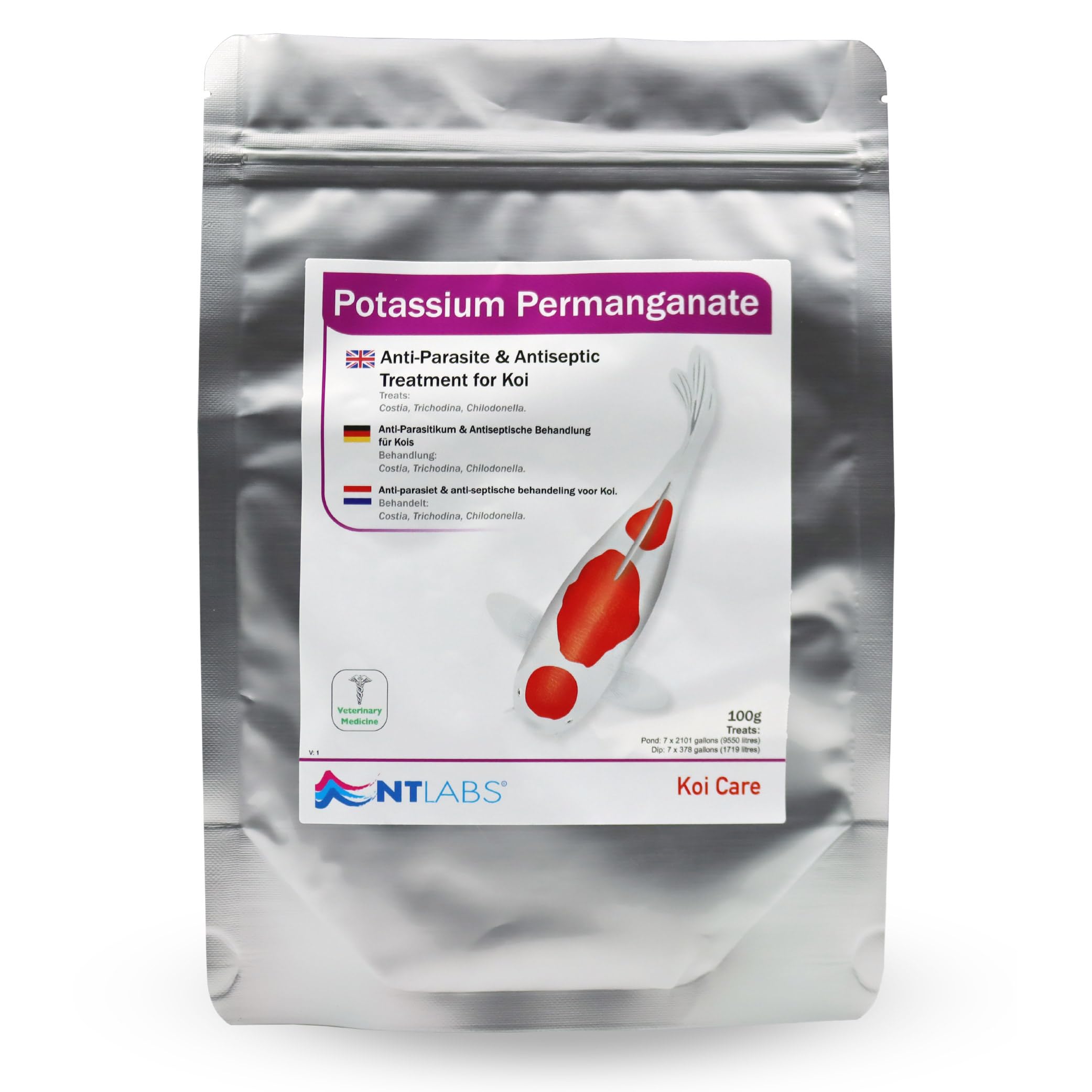 Koi Care Potassium Permanganate, Anti-Parasite & Antiseptic Treatment for Koi, Treats: Costia, Trichodina, Chilodonella (100g)