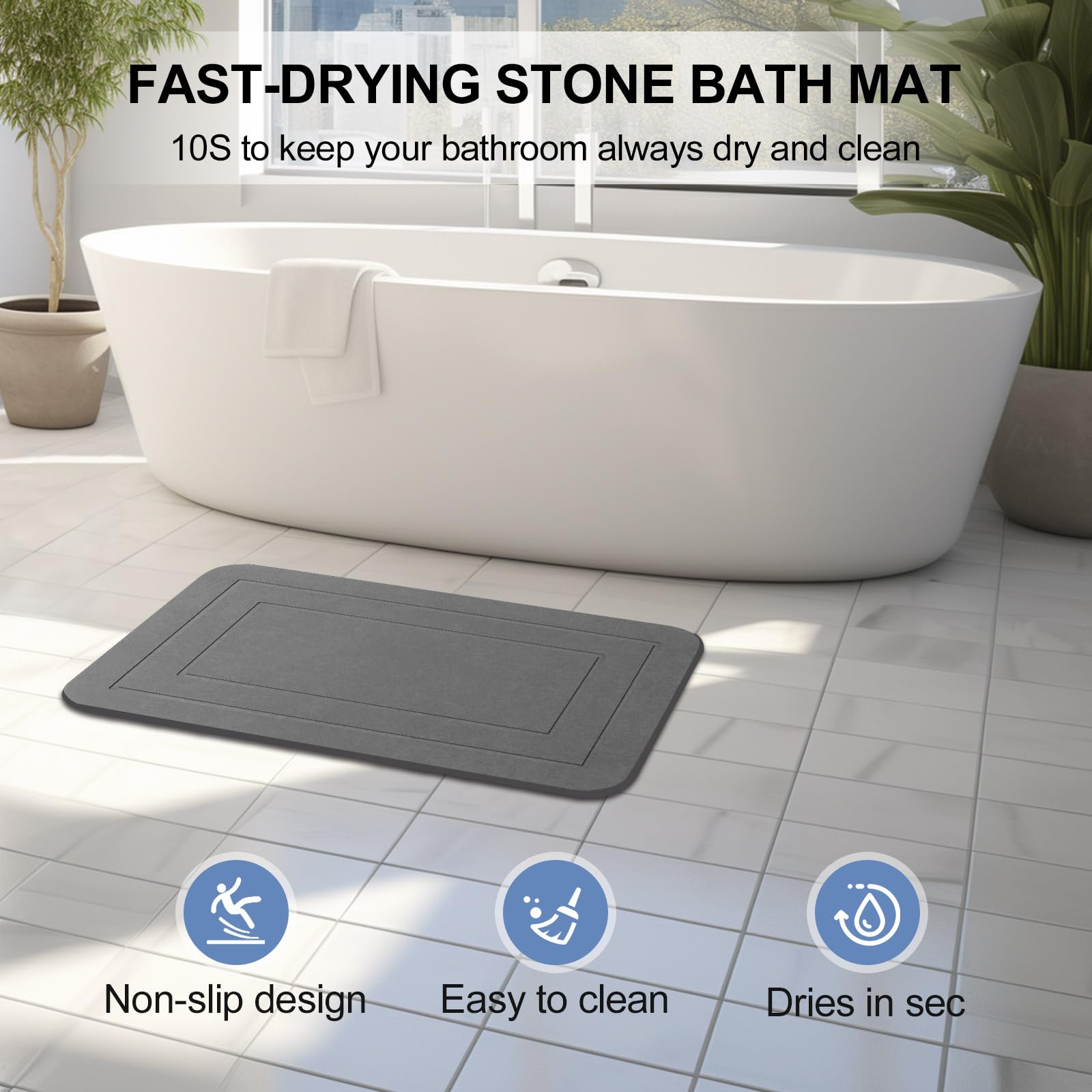 Lot de 2 Tapis de Bain en Pierre, Tapis de Douche en Terre de diatomée, antidérapant, Super Absorbant, séchage Rapide, Tapis de Sol pour Salle de Bain et Cuisine (Gris, 61 x 38,1 cm)
