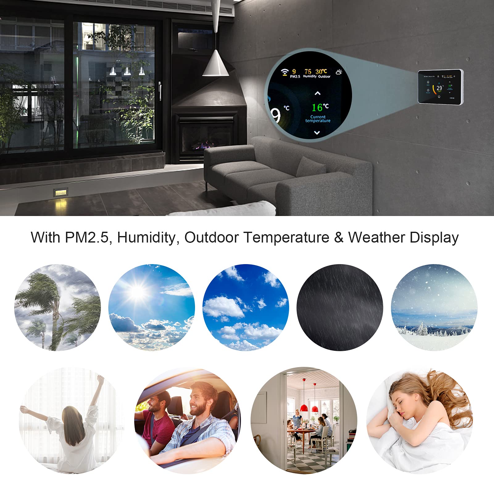 Digital Raumthermostat Fußbodenheizung WiFi Smart Thermostat, 4,3 Zoll LCD-Touchscreen, Wöchentlich Programmierbar, Wetteranzeige, Kompatibel mit Google Home/Alexa, APP Fernbedienung