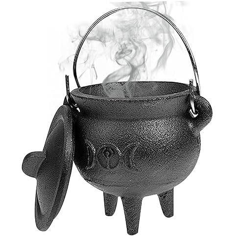 Cast Iron Cauldron with Lid and Handle, Moon Symbol, 3.94x2.95x2.95