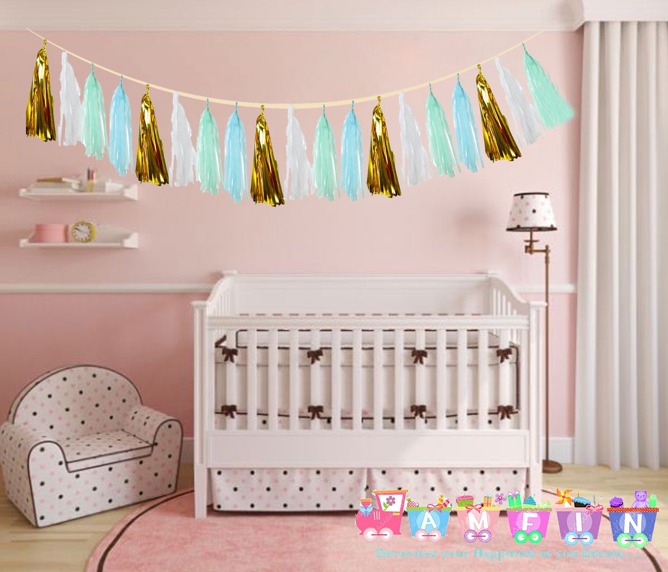 AMFIN® (20 Pieces, 2 Meter) Tissue Paper Tassels Garland Wedding Home Decor Crafts Birthday Party Events Supplies Balloons Ribbon - Blue