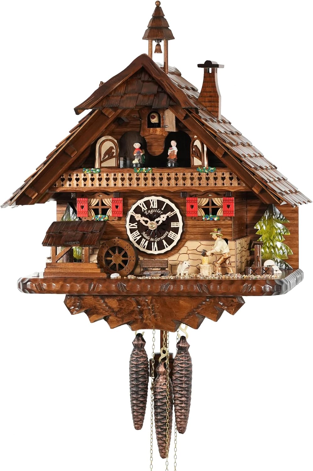 Engstler Cuckoo Clock Black Forest House with Moving Wood Chopper and Mill Wheel