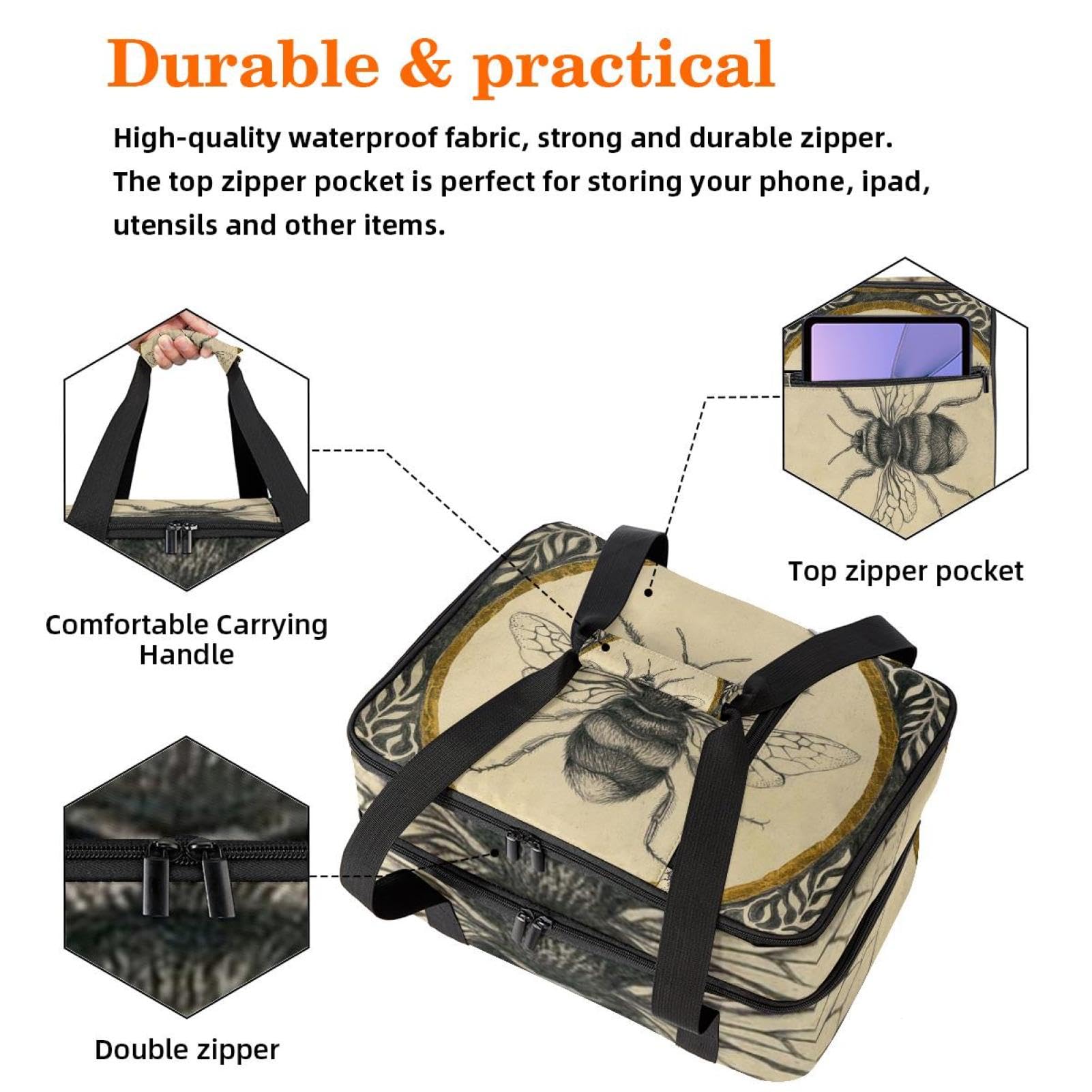 Grand sac à déjeuner isotherme pour homme et femme, double couche, étanche, étanche, réutilisable, sac fourre-tout pour le travail, l'école, le pique-nique, la plage, le camping, les voyages, motif
