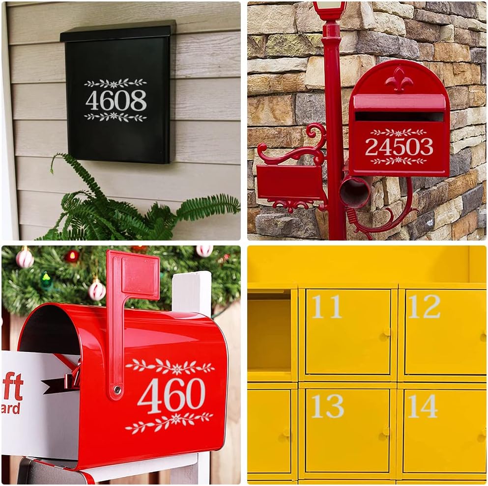 FlyWallD 2 Set Mailbox Numbers for Outside White Reflective Decal Front Door Stickers Housewarming Gift Waterproof Vinyl Number Mailbox Signs 2 Flowers and 44 Number