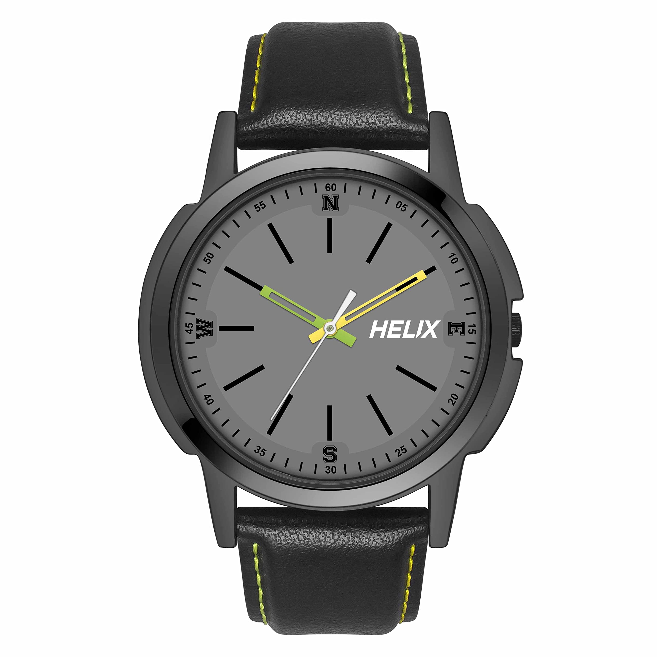Helixby Timex Analog Watch for Man with Grey Round Dial & Black Leather Strap Band Water Resistant Men's Wrist Watches - TW050HG01