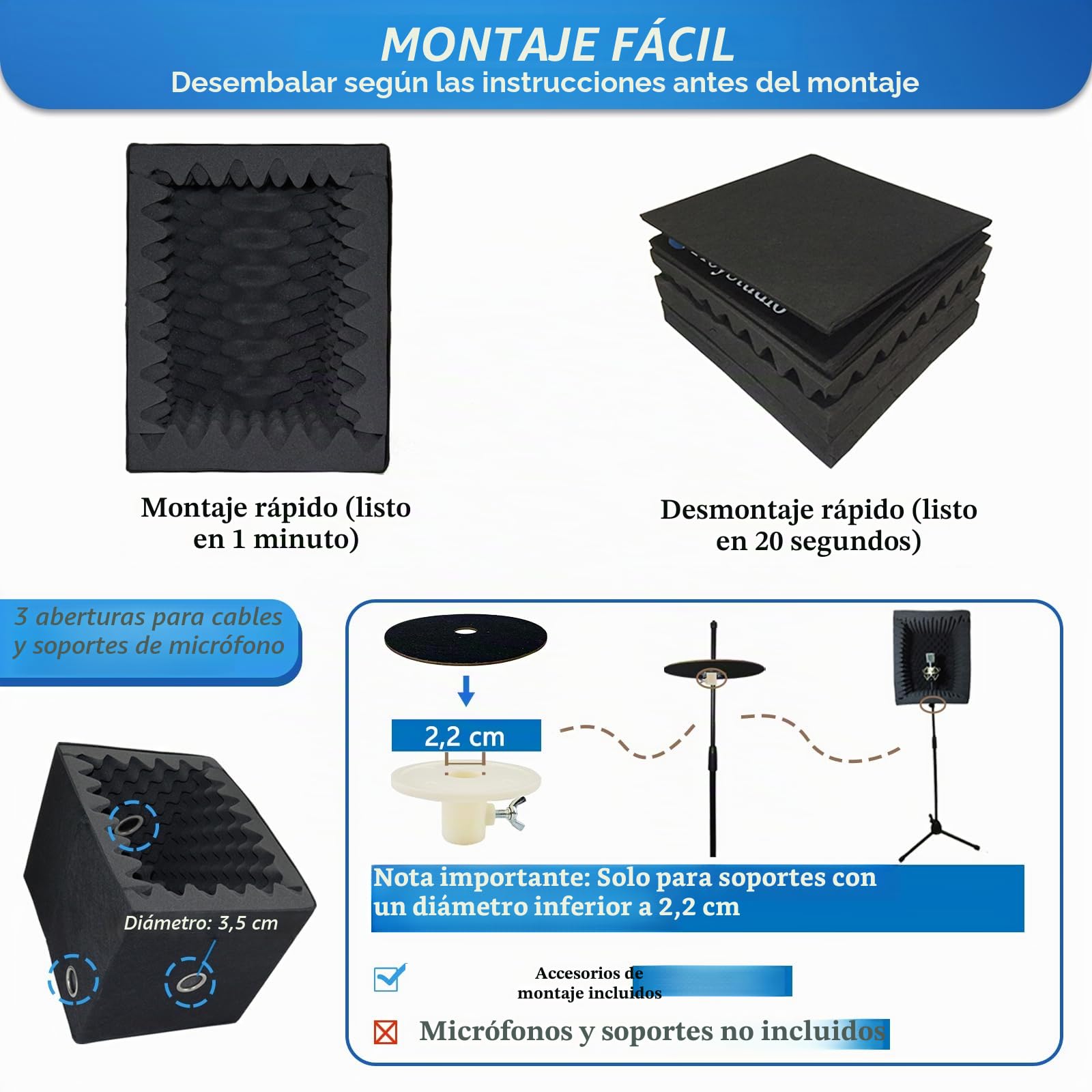 BXI Cabina vocal portátil para grabación de sonido, filtro reflectante y escudo aislante para micrófono, espuma grande y plegable, montaje en soporte, muy densa
