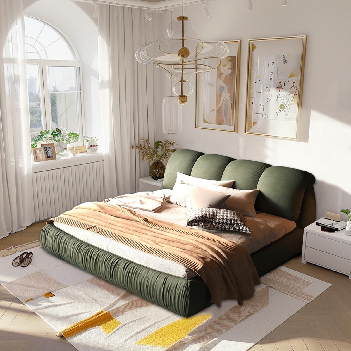 MAKIAAP Queen Size Upholstered Platform Bed with Oversized Padded Backrest and Solid Wood Frame for Bedroom, Apartment Room, Green