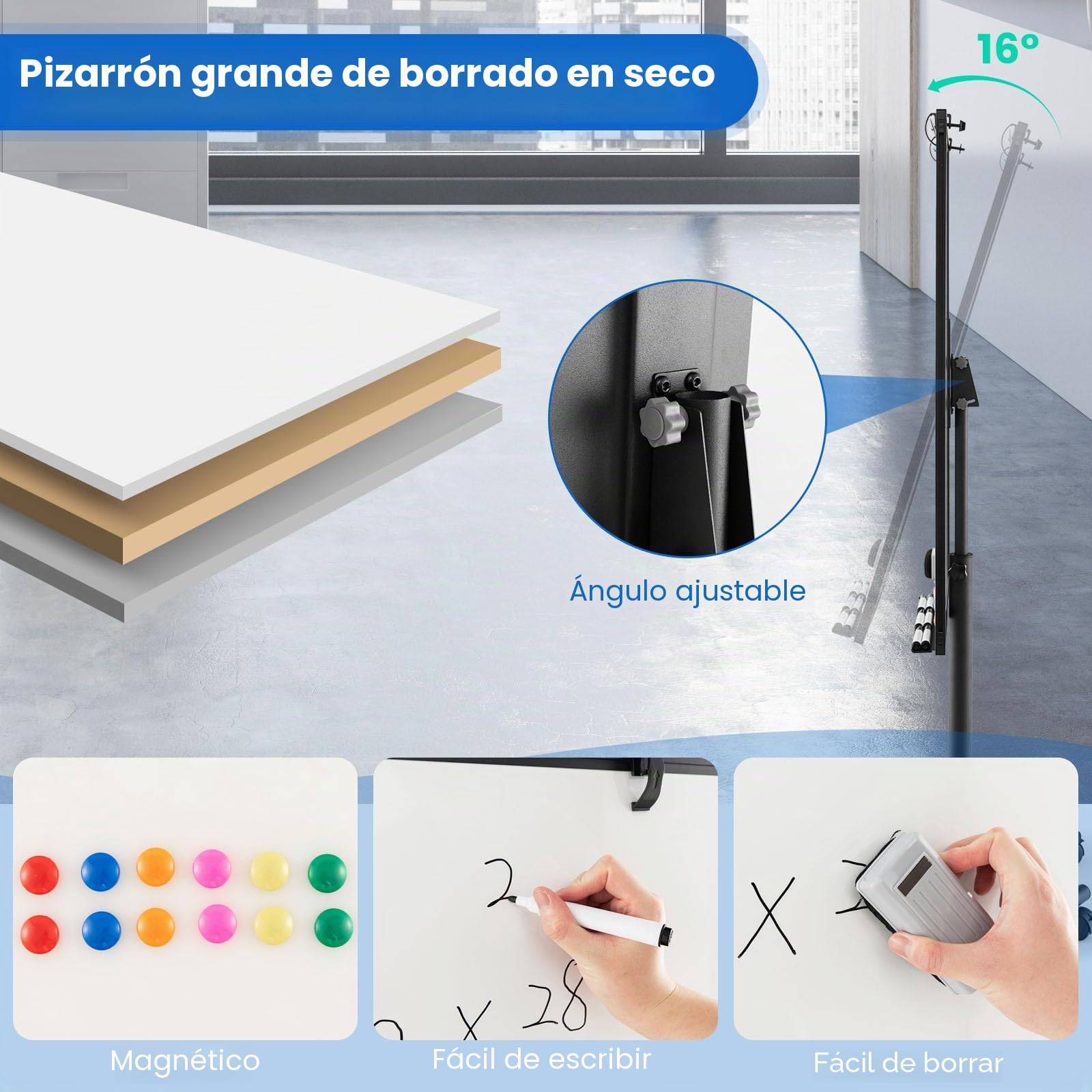 LIFEZEAL Pizarra blanca móvil con soporte, 100x65cm, Altura ajustable 132/192cm, Inclinación 16°, Pizarra magnética con ruedas bloqueables para Oficina, Escuela (Negro)