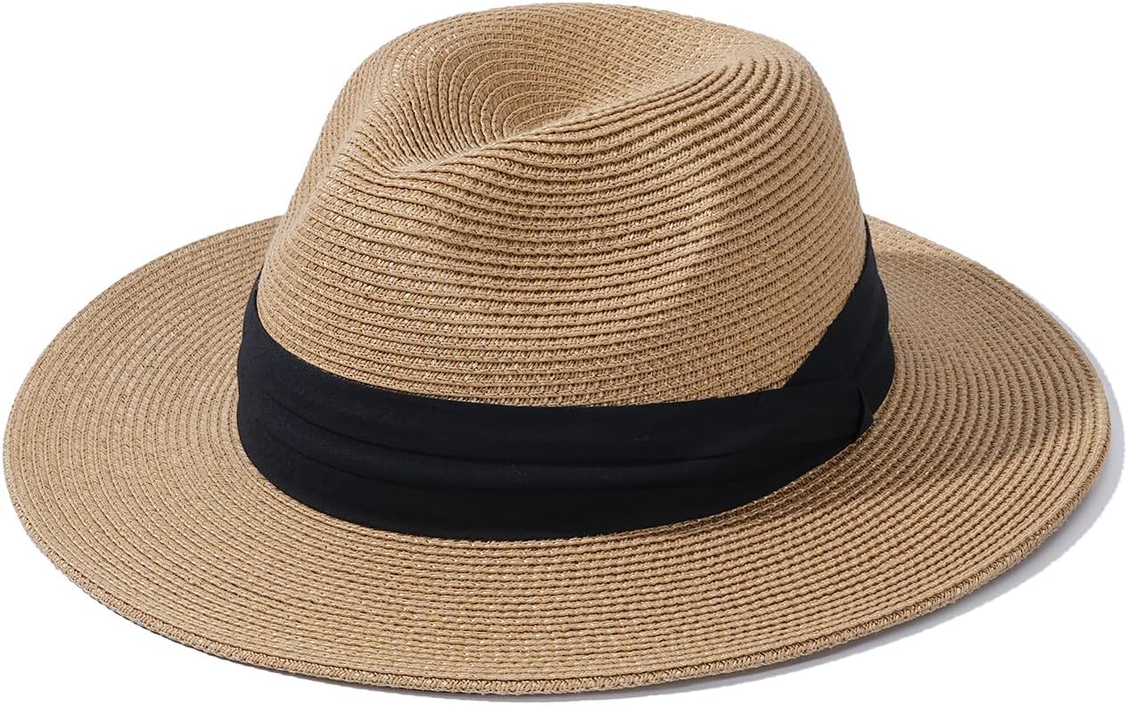 Straw Panama Hat, Fedora Sun Hat, UPF 50+ Wide Brim, Beach Summer Fedora Sunhats for Men Women