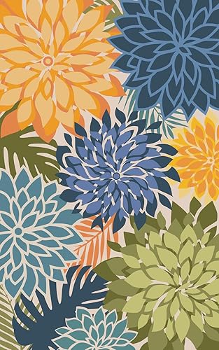Miniatura 23 de Alfombra de área para exteriores de 5x8 pies, lavable, multicolor, alfombra de patio tropical botánica floral de felpilla impermeable para Azul