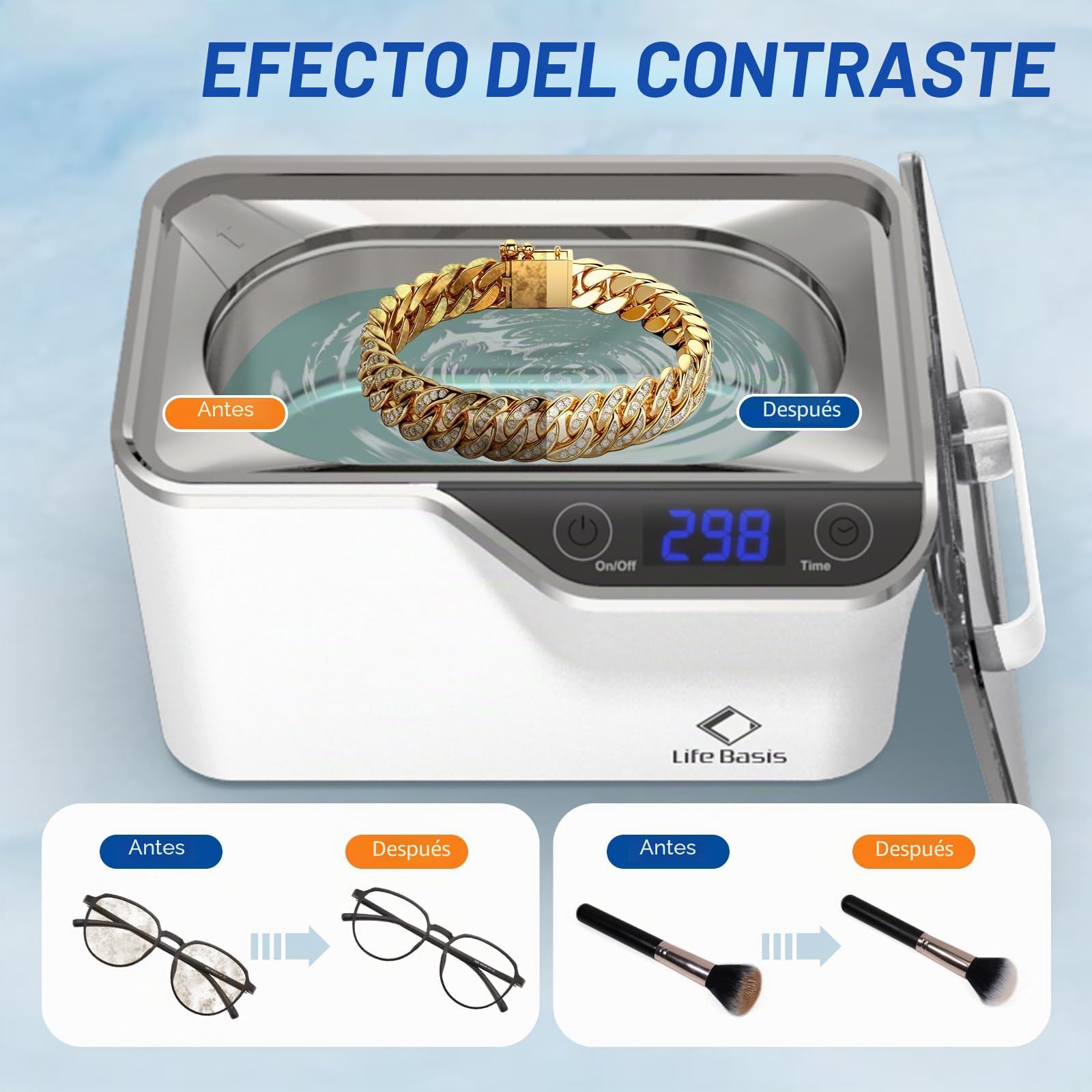LifeBasis - Limpiador ultrasónico de 48000 Hz, 600 ml, limpiador ultrasónico para gafas con función de desgasificación y 5 ajustes de tiempo para joyas, dentadura postiza, relojes