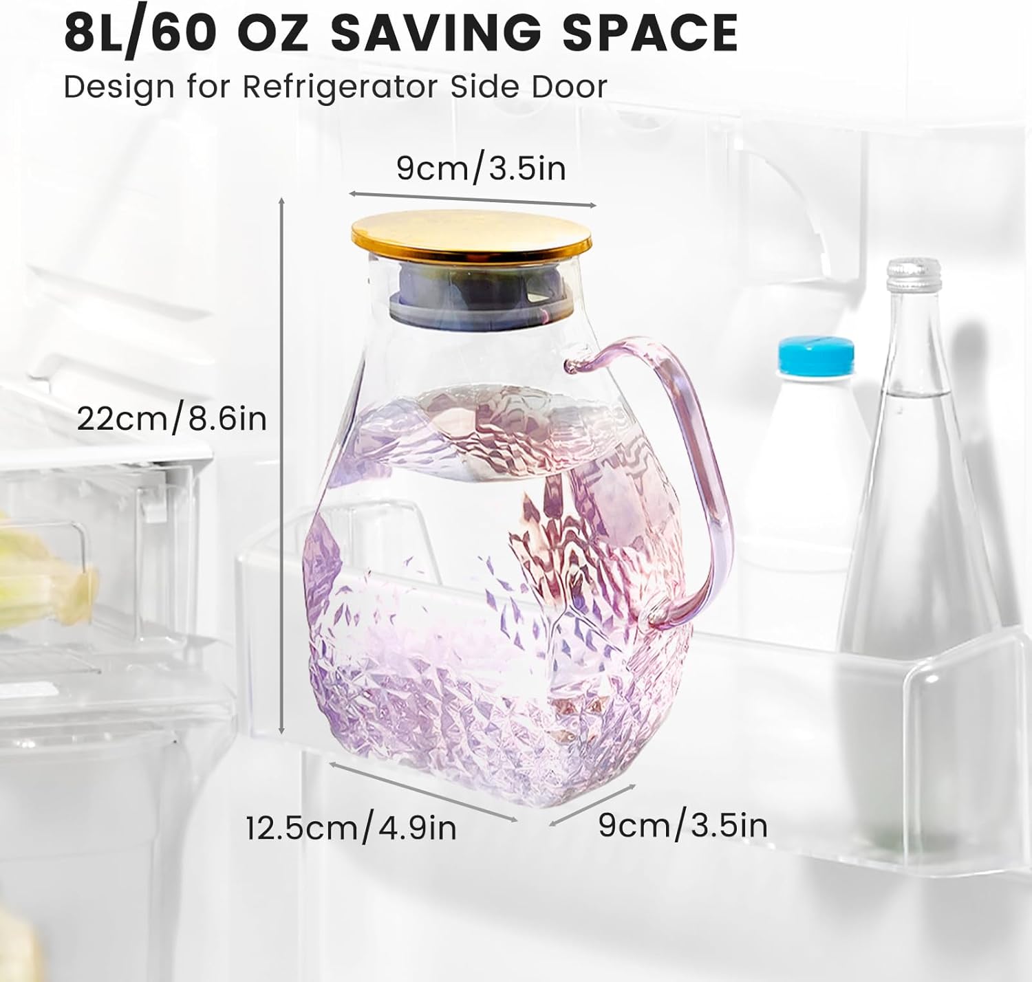 Daily Treasures 1.8 Liter Pink Glass Pitchers with Lid, Glacier Texture Borosilicate Glass Pitcher,Double Opening Filter Cap Design Drink Pitcher for Cold Brew Coffee, Iced Tea, Milk, Water, Juice