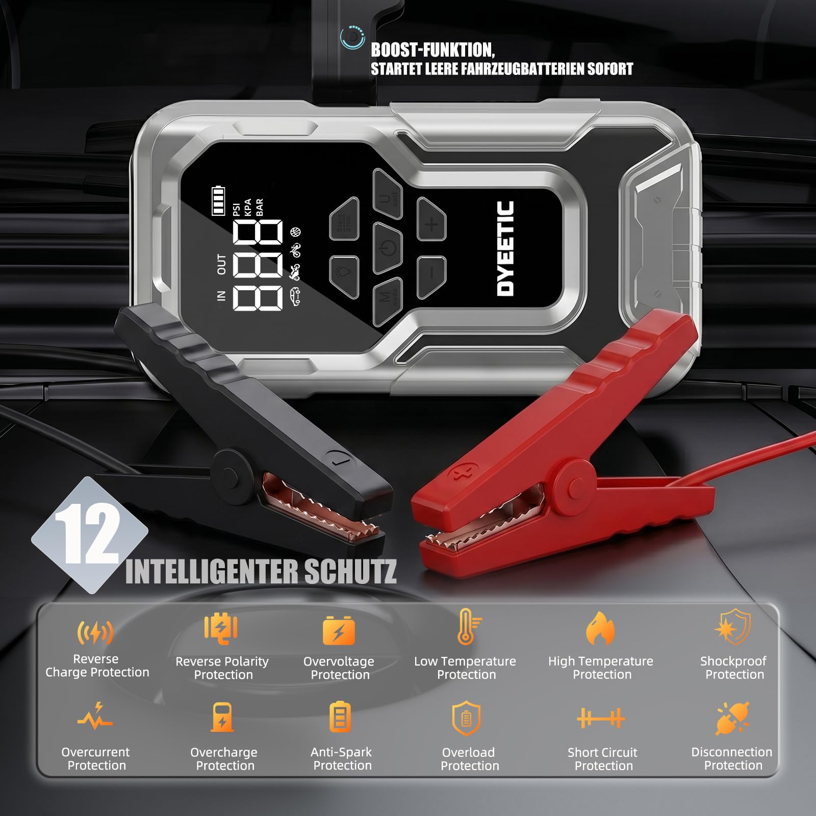 Starthilfe Powerbank mit Luftkompressor, DYEETIC Starthilfegerät 7000A 88Wh | Autobatterie Tragbarer Booster, 12V JumpStarter für alle Benzin/12L Dieselmotoren/Hybrid), 18W Schnelllade USB Ausgänge