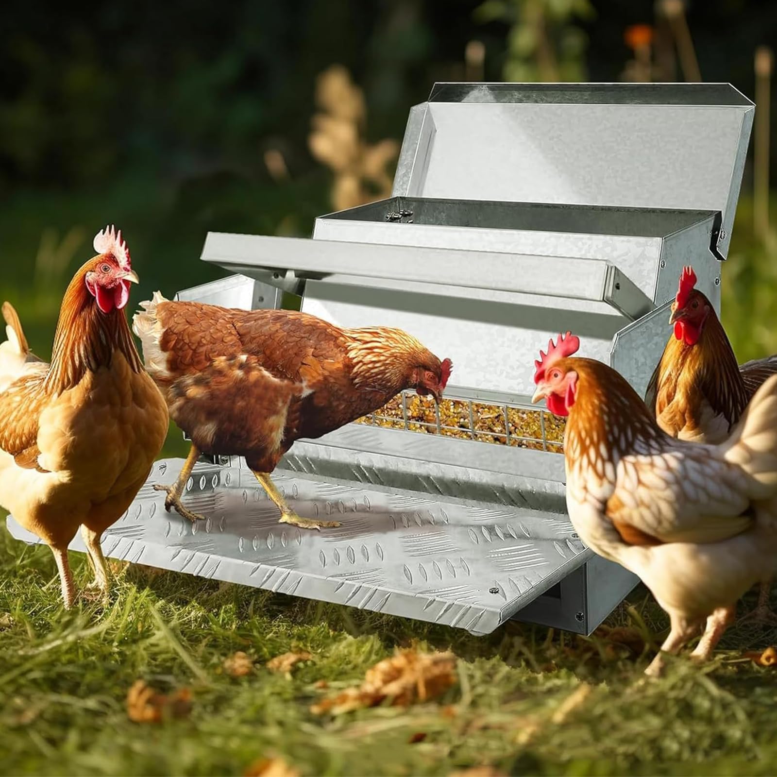 Comedero automático para aves de corral, tapa resistente a la intemperie, capacidad de 25 libras, alimenta de 6 a 12 pollos hasta 7 días, reduce los residuos, ideal para criar bantamos, codorniz