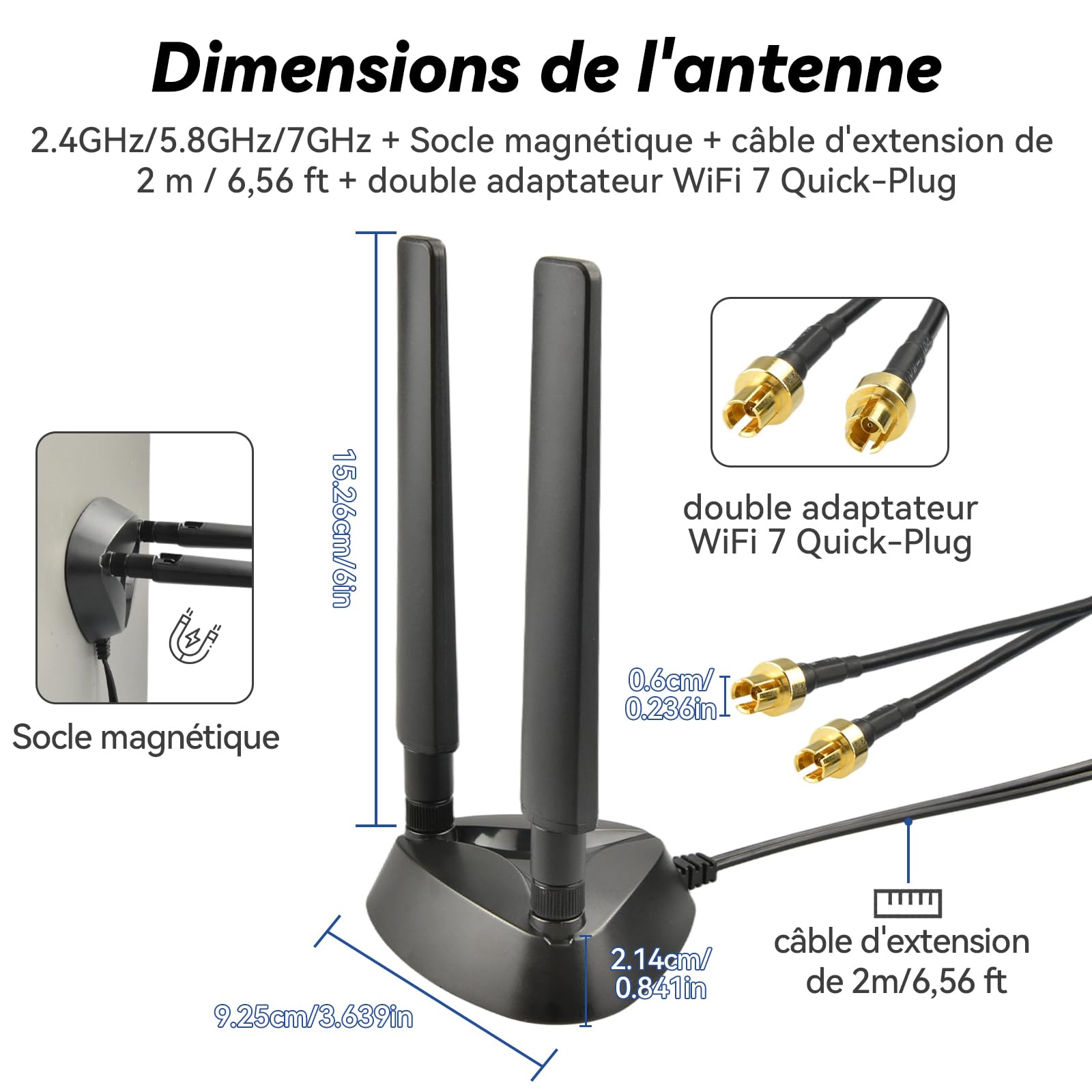 Antenne à Base Magnétique Tri-Bande WiFi 7 pour Carte Mère Gaming - Connecteur Push-on, 3 dBi Omnidirectionnelle pour ASUS ROG Strix TUF Gaming ProArt Prime Carte Mère PC de Bureau
