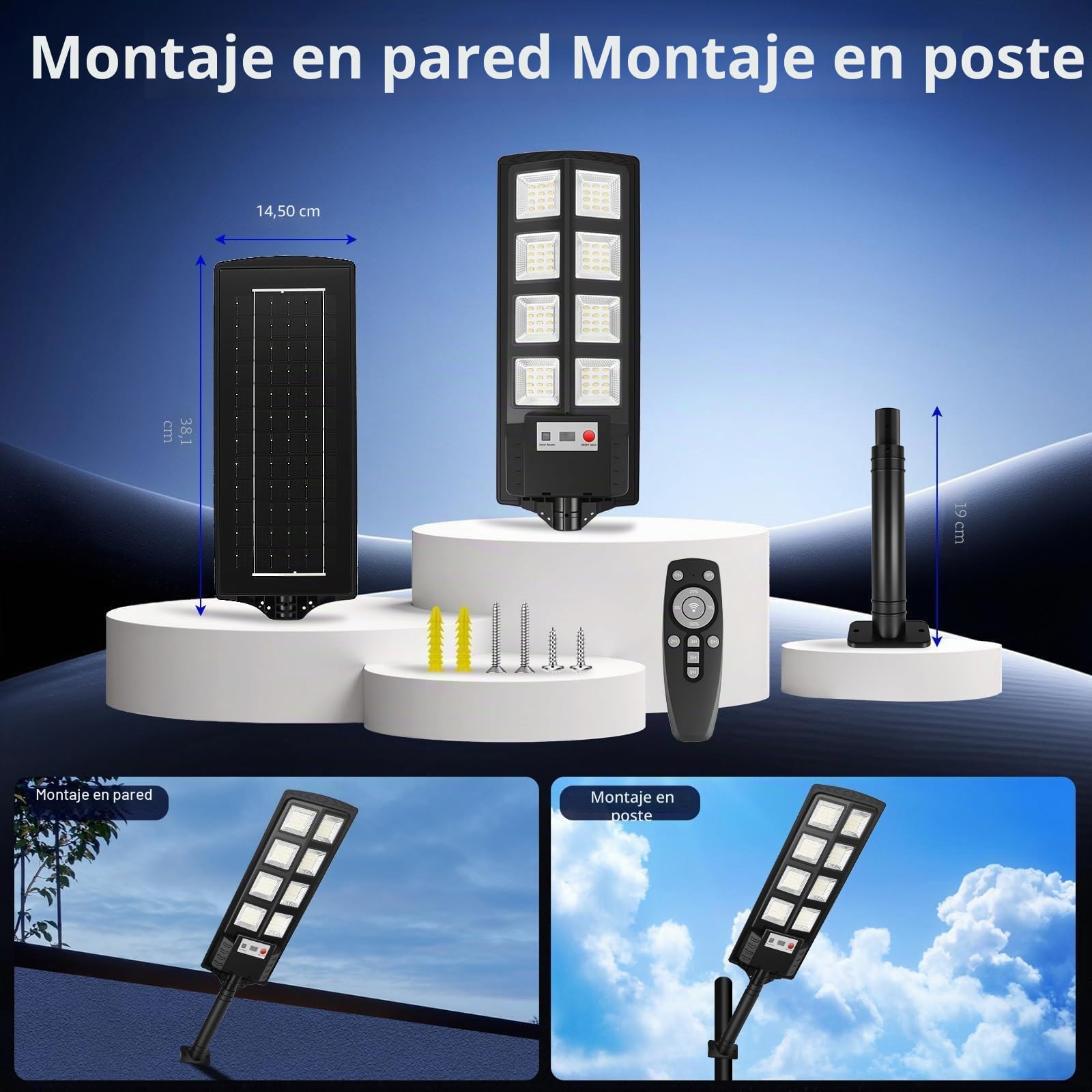 600W Farolas Solares Exterior 2 Paquetes,6500K Farola Potente con Control Remoto,IP66 Impermeables Foco Solar Exterior para Patio, Calzadas, Calle