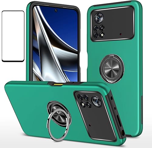 Funda para Xiaomi Poco X4 Pro 5G con protector de pantalla, soporte de anillo de protección resistente de doble capa a prueba de golpes, grado