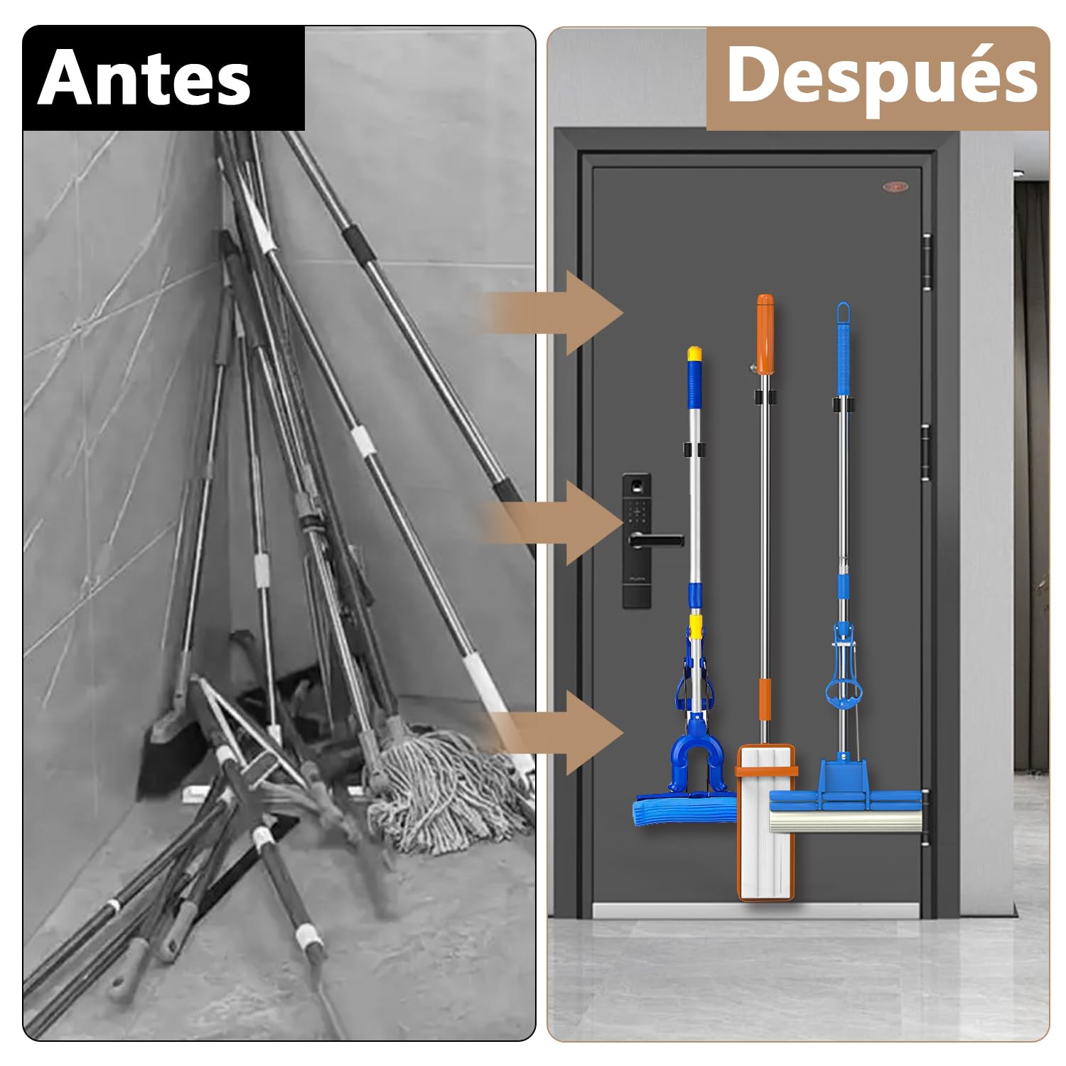 3-H 8 soportes magnéticos para escobas, de acero inoxidable, para escobas, herramientas de jardín y escobas, con 8 ganchos magnéticos para cocina, baño, garaje, jardín, hogar, color negro