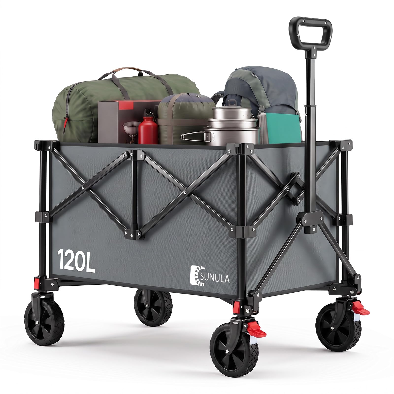 SUNULA Bollerwagen 120 L – 4-seitig zusammenfaltbarer Handwagen klappbar | Leichter Transportwagen 6KG Eigengewicht mit 80KG Tragkraft. Geländegängiger Faltbollerwagen mit Bremse, Grau