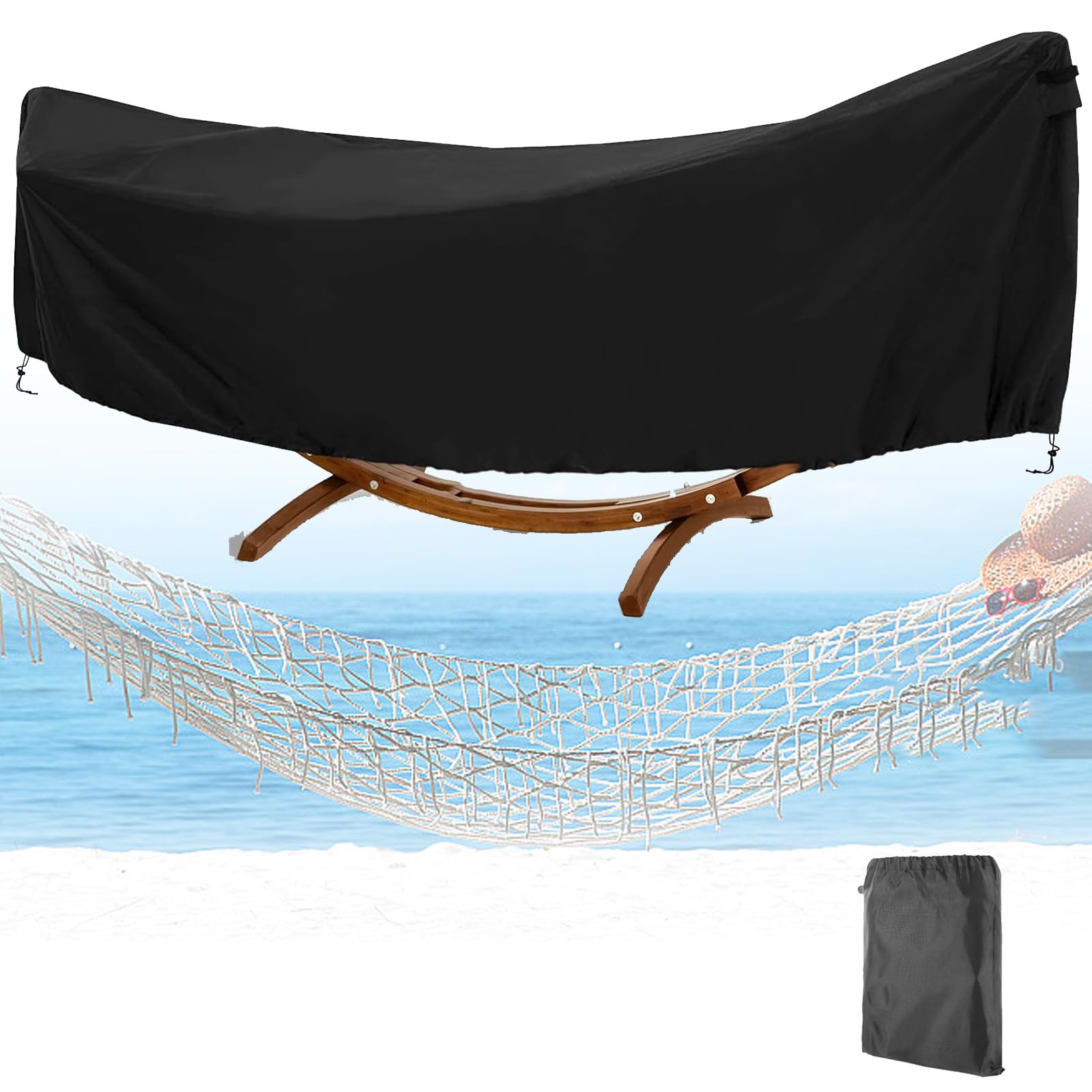 Bâche de protection imperméable durable Oxford 420D pour hamac d'extérieur 370 x 140 x 93 cm avec cordon de serrage Noir Protection de jardin