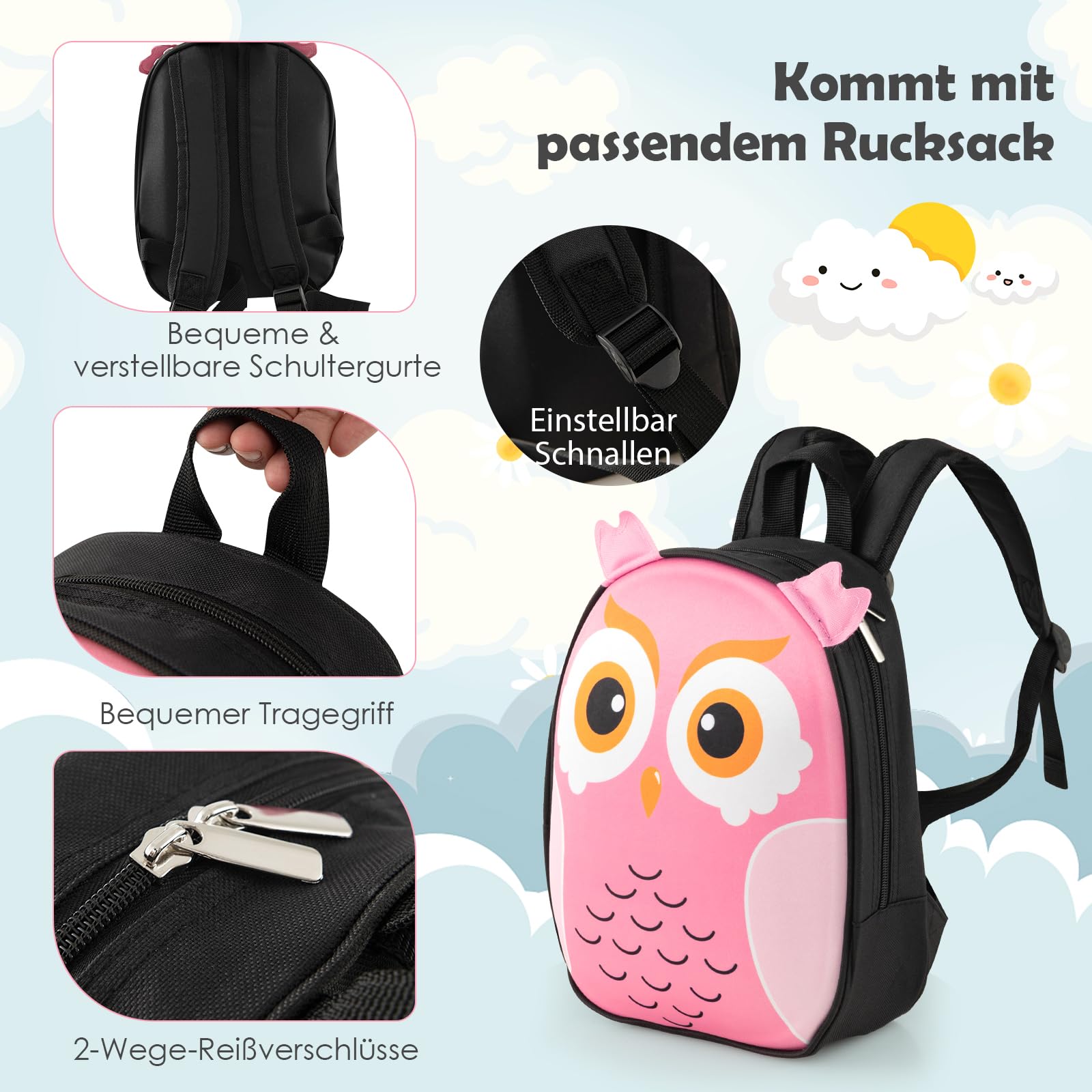 GOPLUS 2 TLG. Kinderkoffer mit Rucksack Kinder Reisekoffer Set Kinder Trolley Kinder Gepäck (Eule)