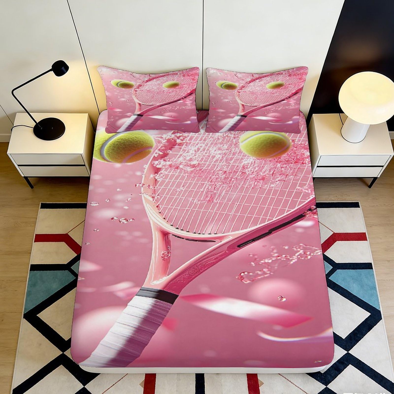 3D Printed Pink Tennis Racket Fitted Sheet Microfiber Soft Breathable Tennis Ball Mattress Cover for Bedroom Dorm 160x200x25cm