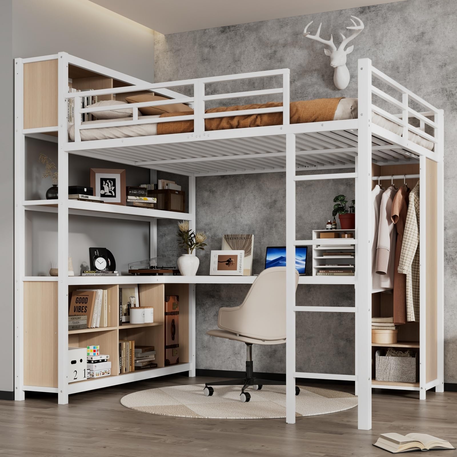 Sweiko Lit Mezzanine 140 x 200 cm avec Armoire, Cadre de Lit Métal avec Bureau et étagère, Matelas Non Compris (White, 140cm*200cm)