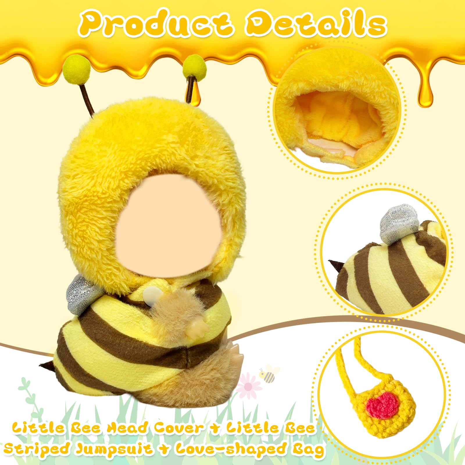 Xerteam 3 Pcs Cute 17cm Doll Clothes, Sweet Bee Plush Doll Clothes with Bee Headcover Jumpsuit Love Bag - Image 3