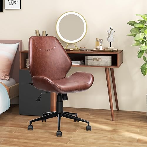 Miniatura 9 de COSTWAY Silla de escritorio de oficina sin brazos, silla de trabajo de piel sintética con respaldo mecedora y asiento giratorio, silla de ocio