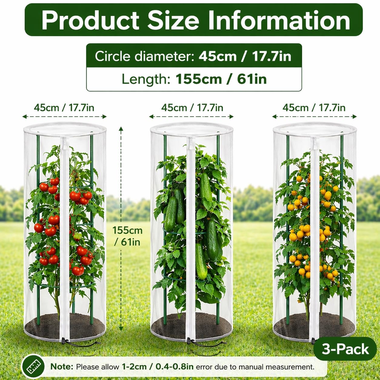 Vogelschutznetz & Insektenschutznetz für Tomaten Rankhilfe und Rankgitter, ohne Gestänge, 3er Set Rundes Pflanzenschutznetz Ø45 × 155 cm, Engmaschiges Gemüseschutznetz mit Reißverschluss und Zugband