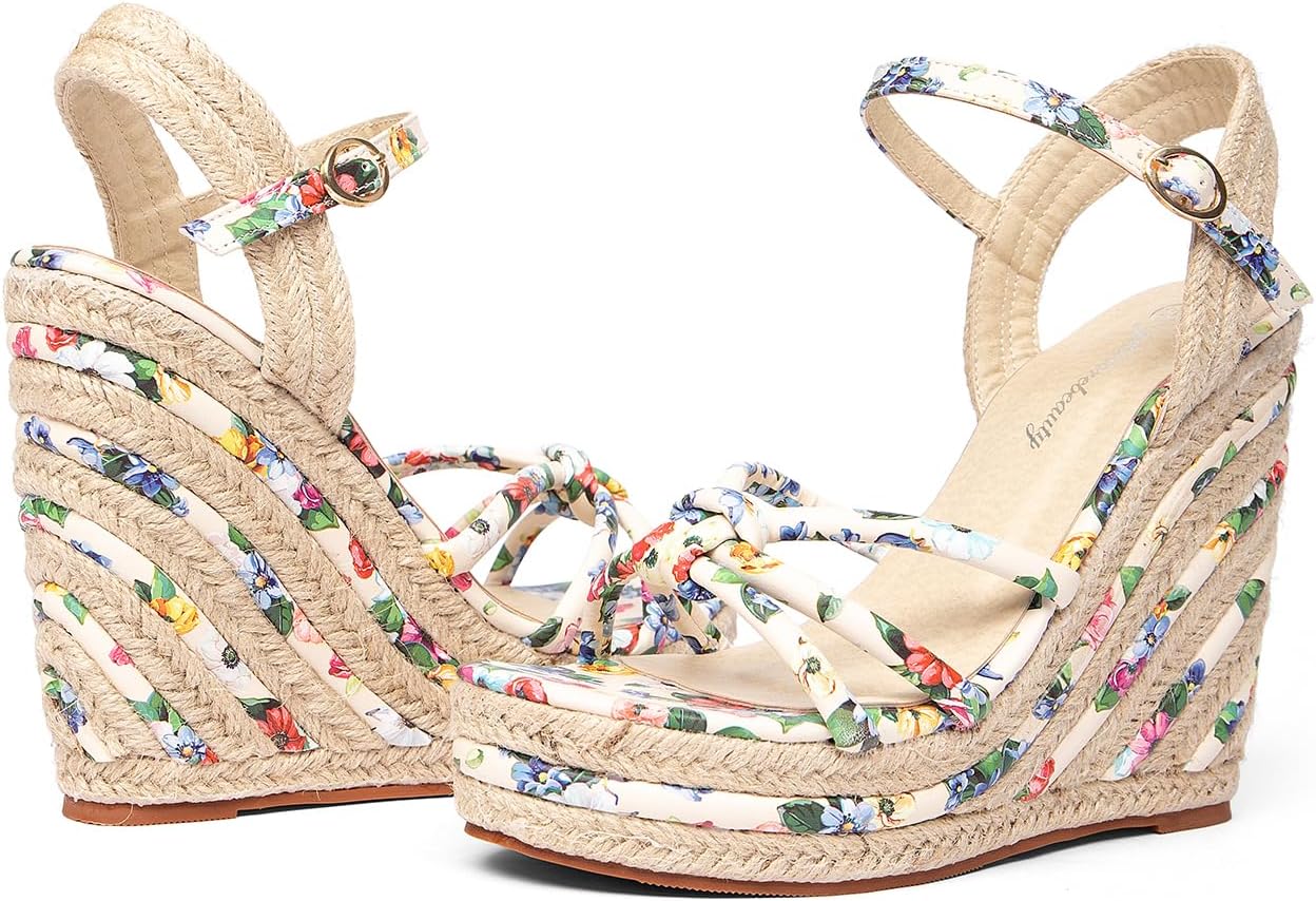 getmorebeauty Women's Espadrille Wedge Sandals Flower Pattern Ankle Strap Open Toe Platform High Heel Sandals Dress Shoes - Image 4
