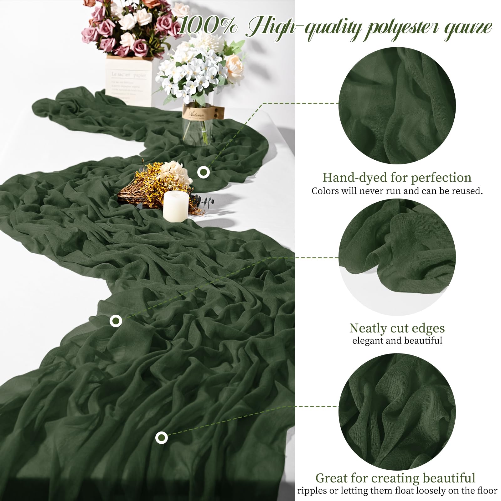 Teruntrue 12 Stück Tischläufer Jägergrün 55x300 cm Neuer Natürlicher Weichlook Bohemian-Gaze-Käsetuch-Tischläufer für Hochzeit, Party, Babyfeier, Brautshower, Geburtstag-Dekorationen