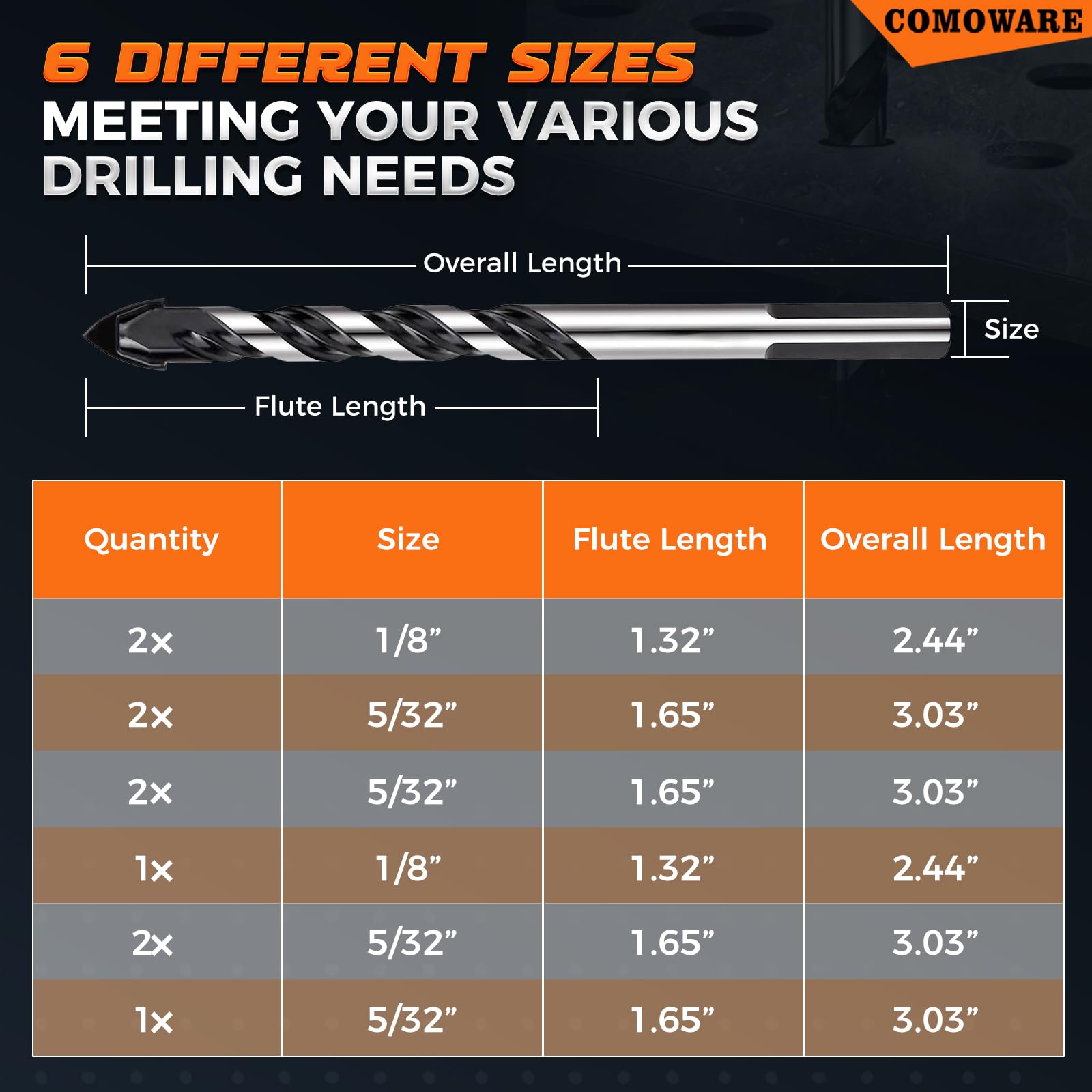 Masonry Drill Bits - 10 Pcs, 1/8" to 1/2" -2