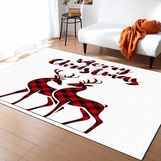 Merry Christmas Area Rugs 4x6 for Bedroom Living Room, Non-Slip Throw Rug for Entryway Bathroom, Plaid Xmas Elk Seasonal Winter Holiday Indoor Floor Carpet