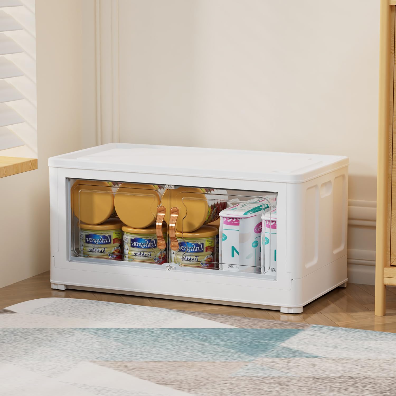 Stackable Storage Bins with Lids,110Qt/27Gal Magnetic Suction Door Closet Organizers and Storage,Collapsible Storage Bins with Wheels,Plastic Organizers and Storage for Closet,Bedroom,Kitchen,White