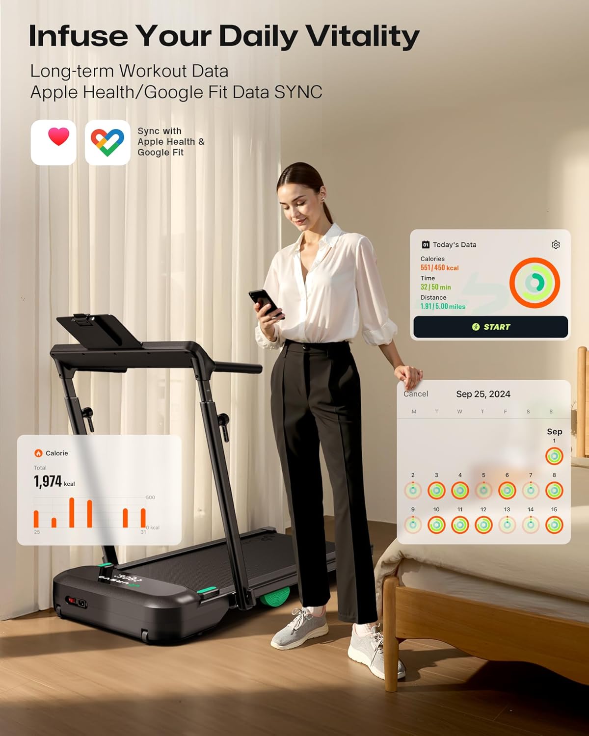 UREVO Foldimix 5L Walking Pad Treadmill user syncing workout data with Apple Health and Google Fit.