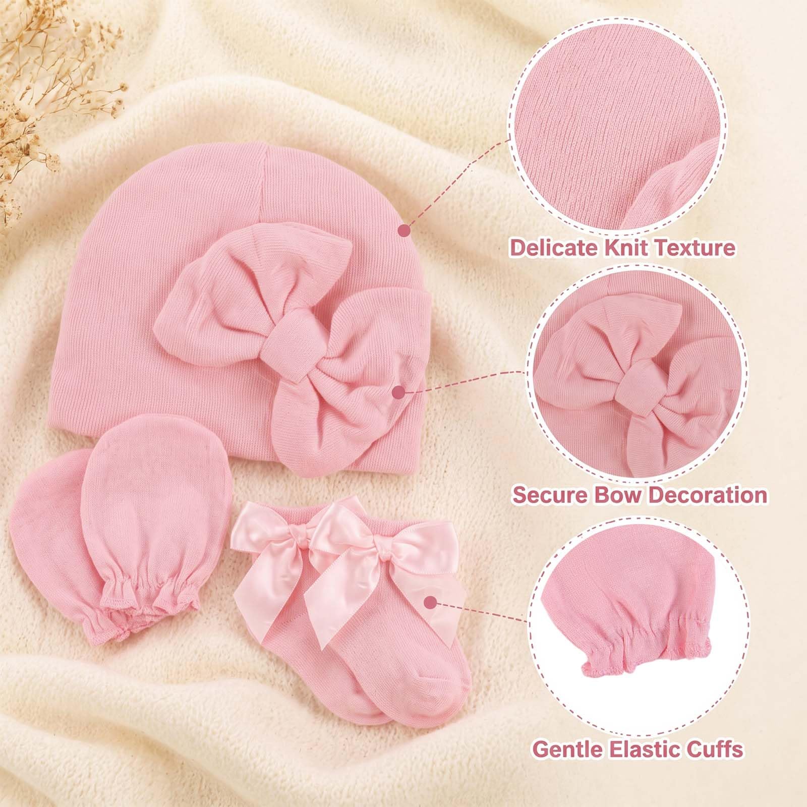 Frühchenmütze, Fäustlinge und Socken, 6 Stück, Baumwollschleifen-Kappen und kratzfeste Frühchen-Fäustlinge für Babys und Mädchen