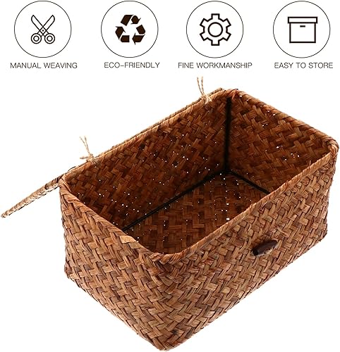 Miniatura 9 de VOSAREA Caja de almacenamiento tejida de hierba marina, cesta de almacenamiento alta, cesta de manta con tapa, cesta de maquillaje, cesta de paja,