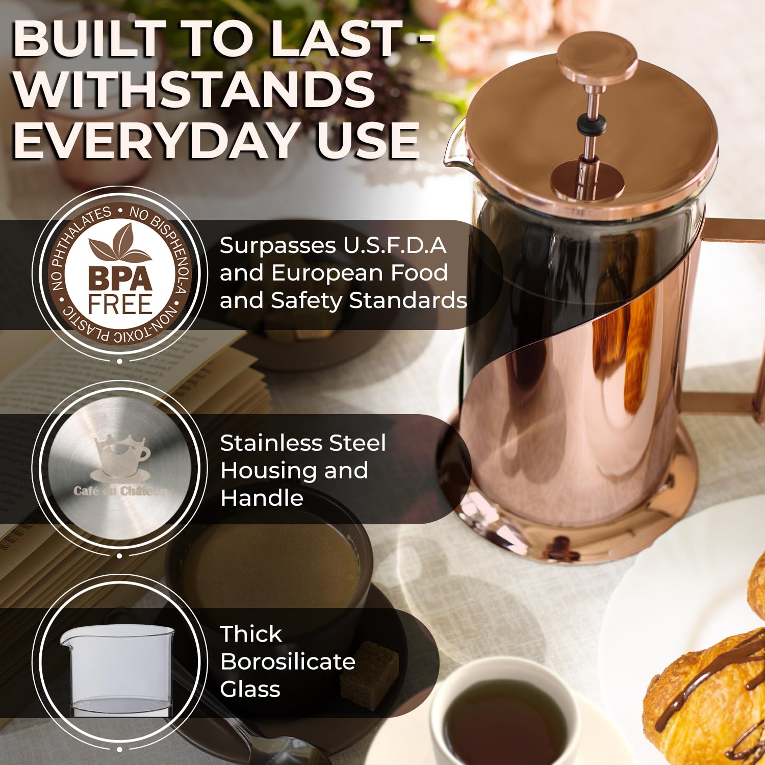 Cafe Du Chateau French Press and Wine Decanter Bundle– BPA-Free Coffee Brewer and Lead-Free Glass Aerator for Morning Brews and Elegant Evenings