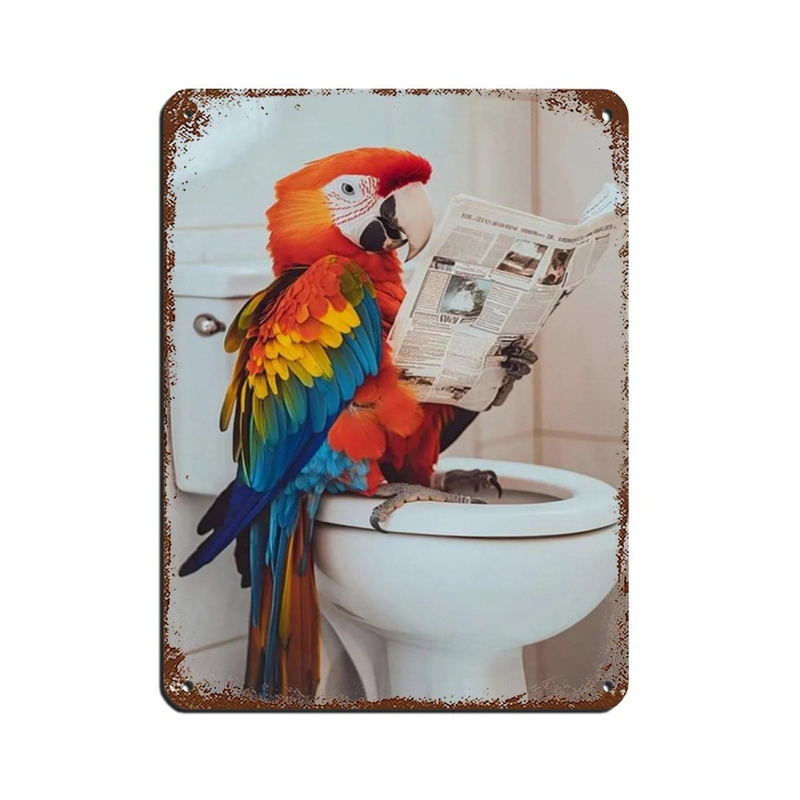 Parrot Sitting on Toilet Reading Newspaper Tin Sign Vintage Metal Pub Club Cafe Bar Home Wall Art Decoration Poster Retro 12x16inch(30x40cm)