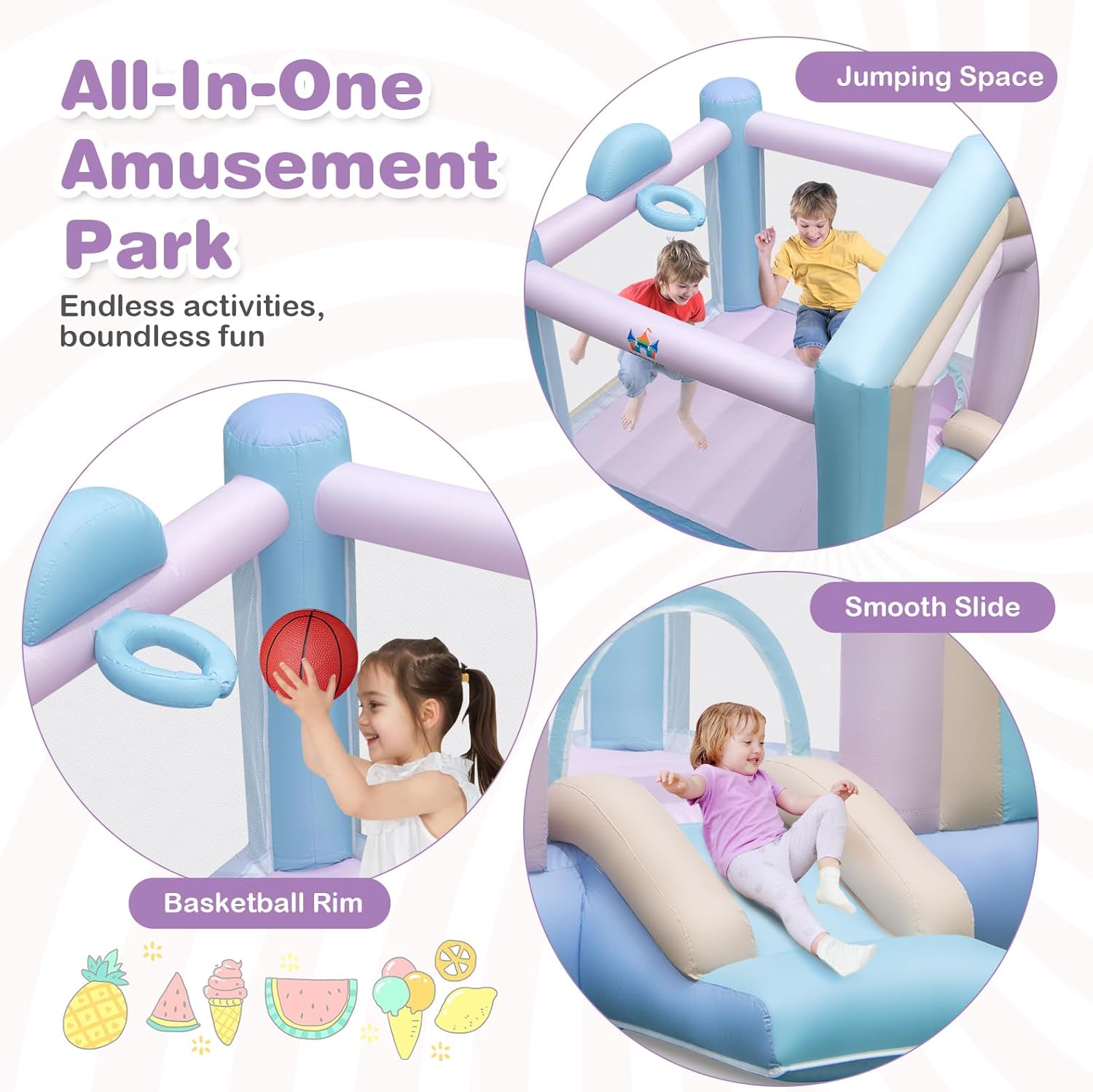 BOUNTECH Inflatable Bounce House, Dream Cotton Bouncy House for Kids 5-12 Indoor Outdoor Family with Blower, Large Jumping Area, Slide, Portable Backyard Bouncer Castle Boys Girls Birthday Party Gifts