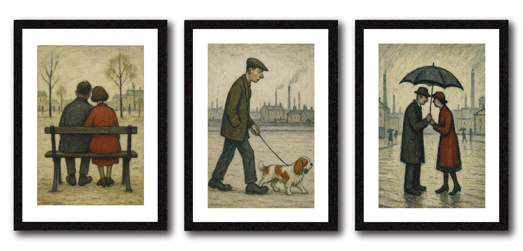 Greetingles Set of 3 Lowry Style Black Framed Art Prints 33 x 24cm New Designs (Set 13)