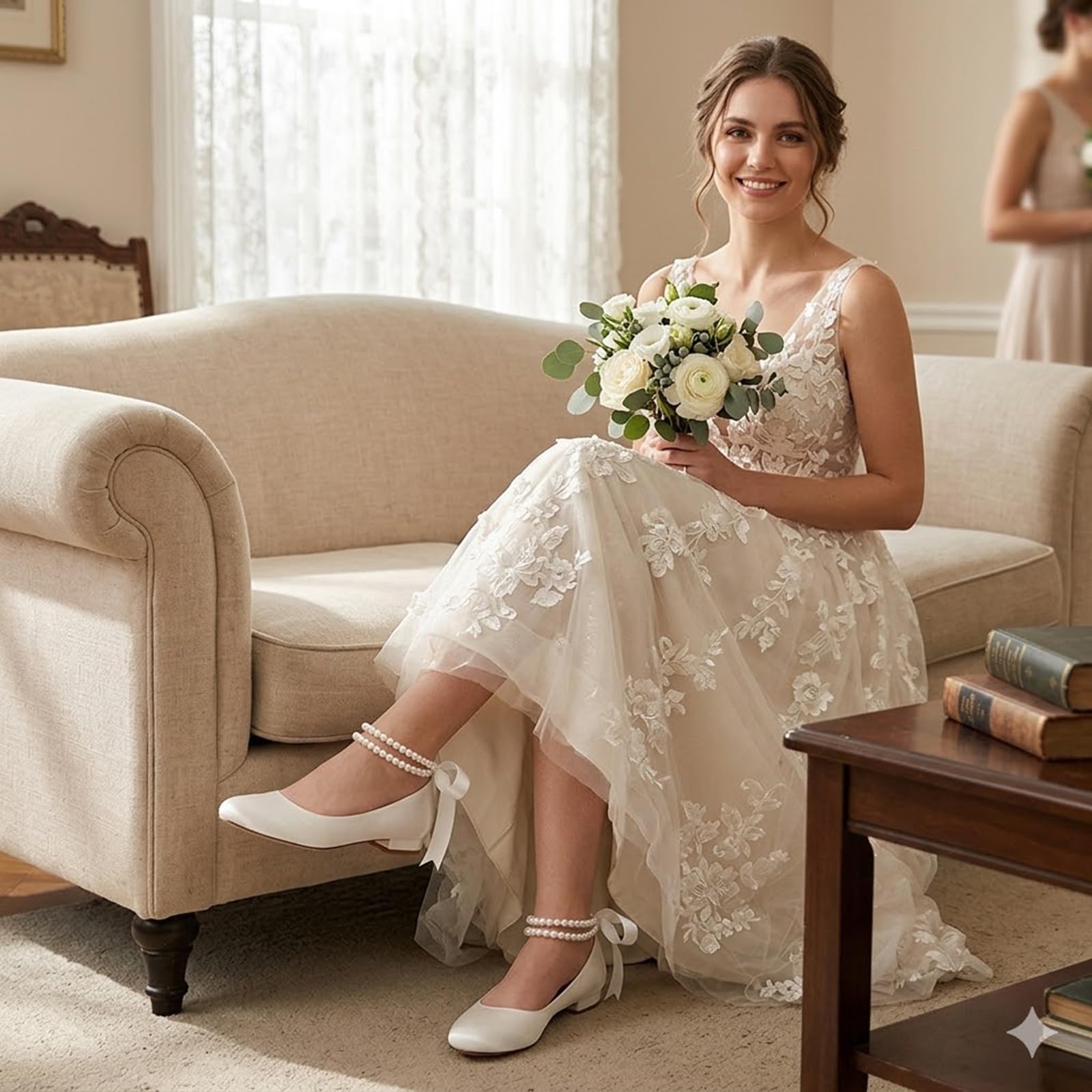 Ballerine da Sposa Basse da Donna in Raso Perle Punta Tonda Scarpe da Sposa per Matrimonio Feste