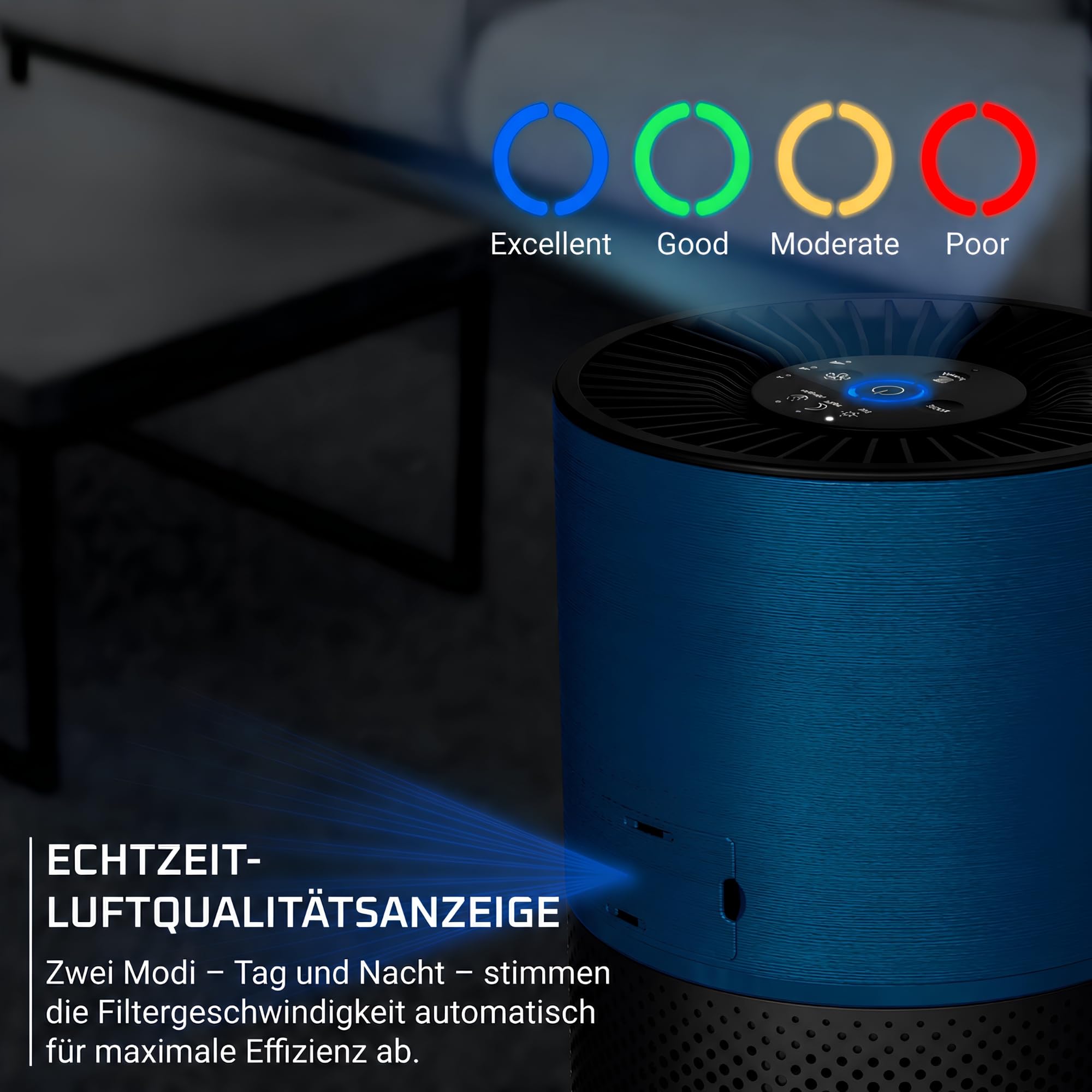 Rowenta Pure Air Compact Luftreiniger, für Zuhause, hocheffiziente Luftreinigung, bis 52 m², 3-in-1 Filterung, HEPA Allergy+, Echtzeit-Luftqualitätsanzeige, Schwarz/Blau, PU2221F0