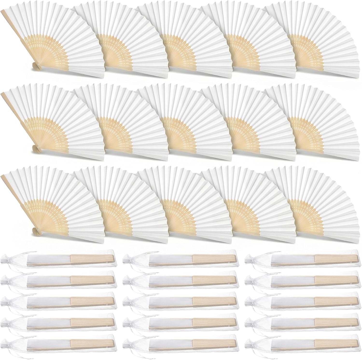 50pcs White Paper Hand Fan with Organza Bags, Bamboo Handheld Folding Fans Bulk White Wedding Fans for Weddings, Parties,DIY Craft and Home Decoration