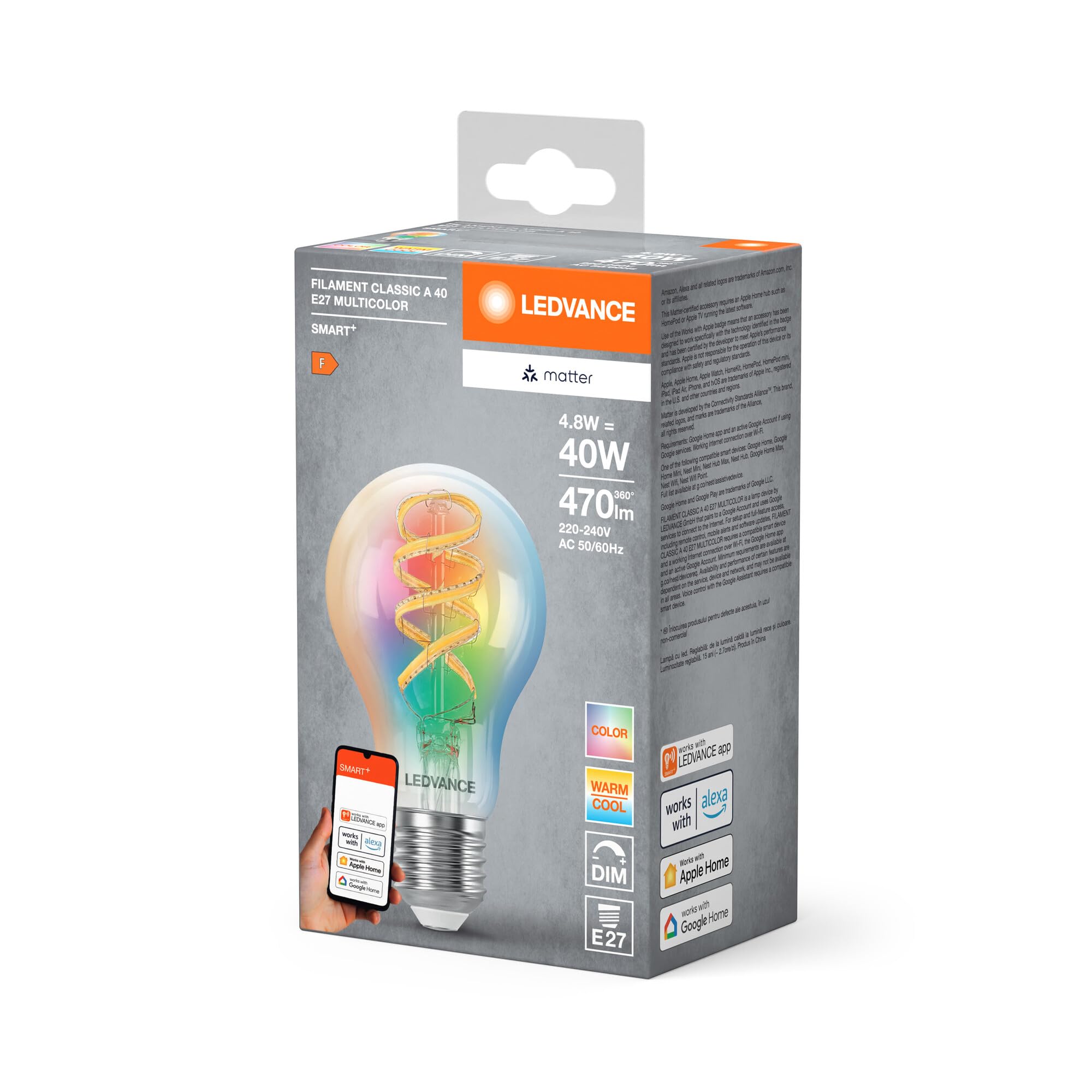 LEDVANCE SMART+ MATT LED lampe, compatible avec Google, Alexa, Apple, Glass Blanc, 4,8W, 470LM, E27, Couleur Lumière et Lumière blanche, avec Vocal Control, jusqu'à 15 000 HRs, 4-Pack