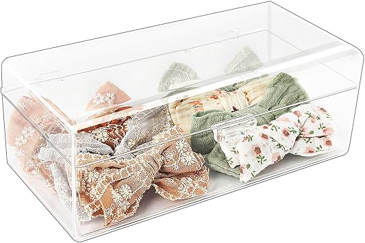 JessLab Hair Accessories Organizer for Girls, Acrylic Hair Bow Tie Clip Scrunchie Holder with Dividers, Clear Stackable Storage Box for Bathroom, Bedroom, Vanity Countertop 1 Compartment