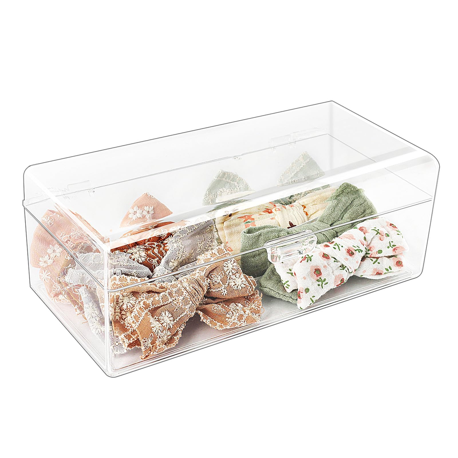JessLab Hair Accessories Organizer for Girls, Acrylic Hair Bow Tie Clip Scrunchie Holder with Dividers, Clear Stackable Storage Box for Bathroom, Bedroom, Vanity Countertop (1 Compartment)
