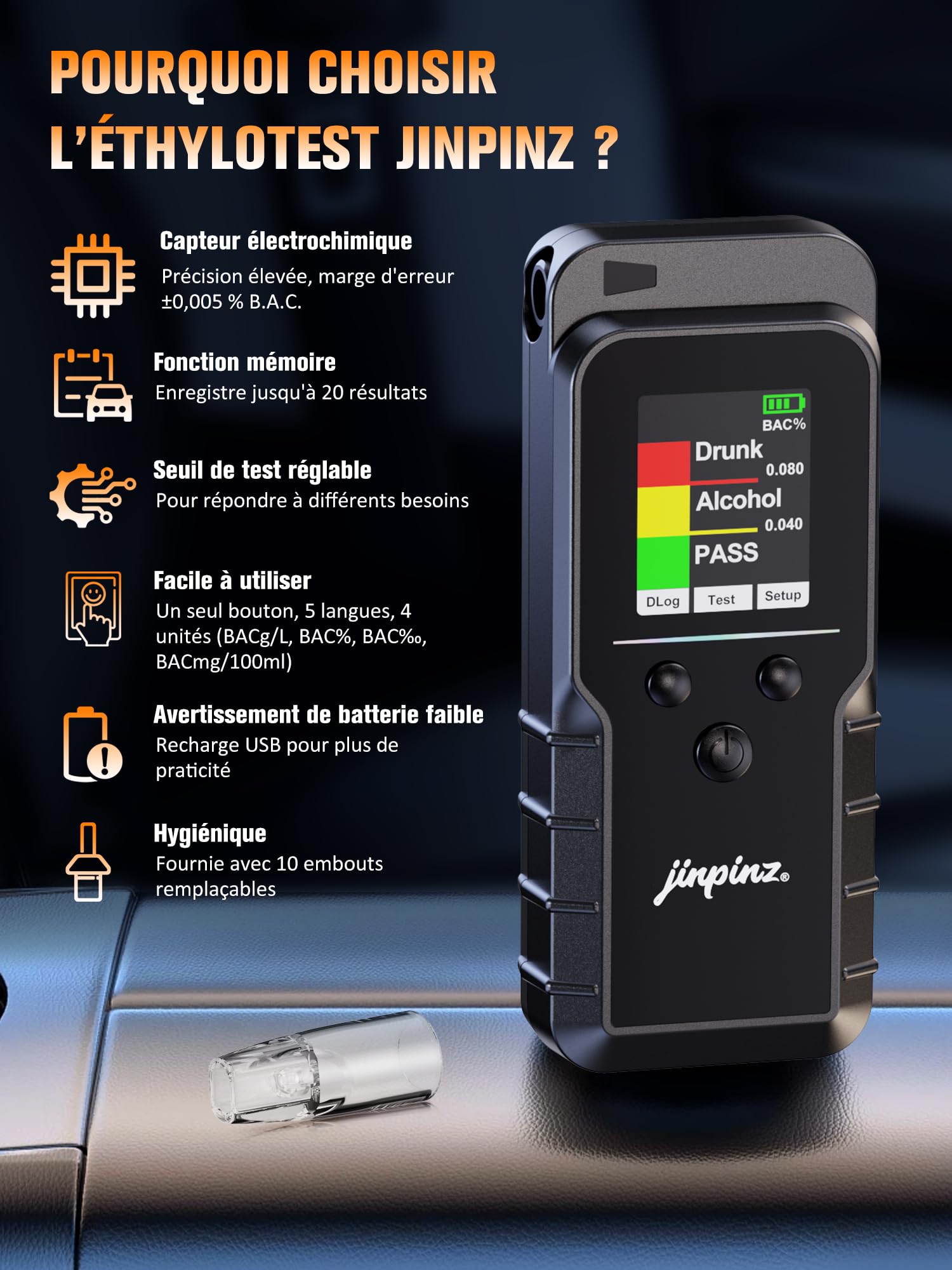 Éthylotest Alcootest Capteur Électrochimique Électronique: Ethylometre Professionnel Rechargeable - Portable Alcotest Avec Mémoire Affichage Numérique - Testeur d’alcool adapté à un usage personnel